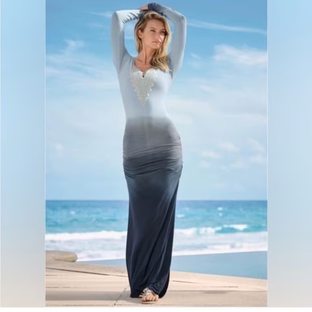 VENUS Gradient Blue Lace-Up Ombre Long Sleeve Dress NWOT
1X